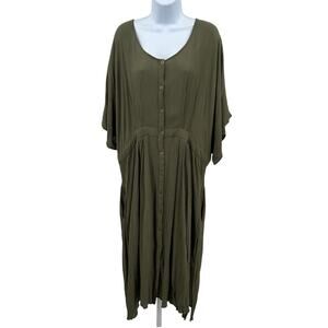 Roaman's Maxi Shirt Dress Womens 20W Olive Green Crinkle Gauze Button Up Lined